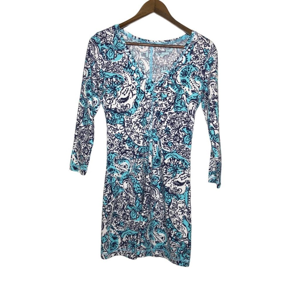 Lilly Pulitzer Juliet Blue and White Patterned Pima Cotton Dress Size Small